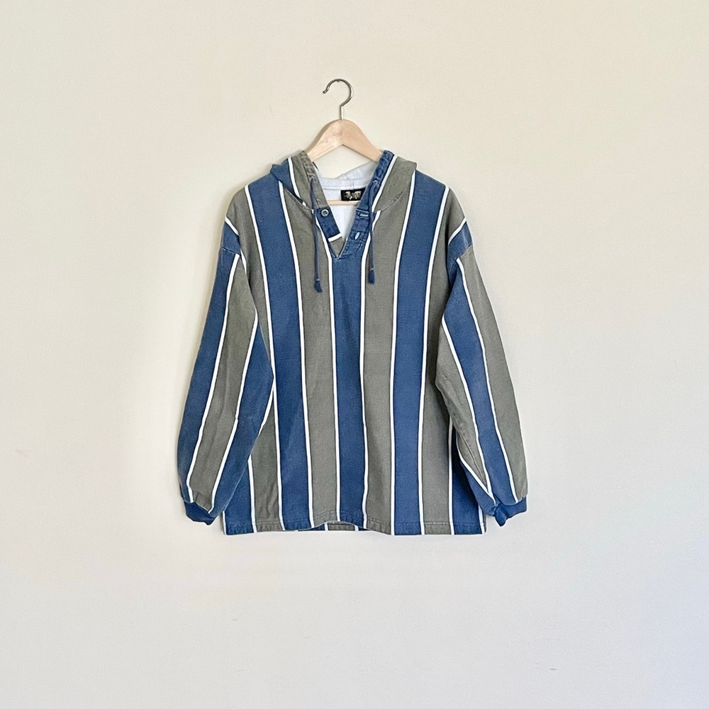 Vintage 90s Fluid Gray Navy Striped Pullover Hoodie Men’s size Large